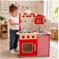 Best for Kids Spielküche Kinderküche chili Rot–MDF Holz Spielküche mit Zubehör fur ab 3 Jahren Holz, Realistisches Küchendesign, umfangreiches Zubehör