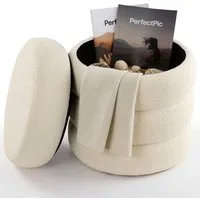 Arebos Sitzhocker Schminkhocker mit Stauraum Bouclé Hocker Creme Ø42 cm, Sitzhocker mit praktischem Stauraum und Bouclé-Bezug