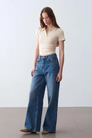 Damen Crop Slim Fit Polo T-Shirt