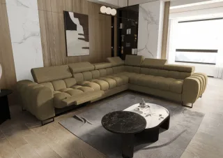Ecksofa Schlafsofa BASTIEN RELAX in Stoff Aragon Olivgrün Ottomane Rechts