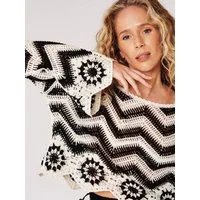 Apricot Klassische Bluse Chevron-Häkeltop mit Trompetenärmeln