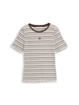 Denim Tom Tailor - soft T-shirt with embroidery white brown irregular stripe - Gr. - L