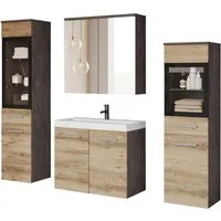 welltime Badmöbel-Set MADRIT II, Schrank mit Waschbecken, 2 Hänger, Spiegelschrank, (Komplett-Set, 5-St), Hängende Badmöbel mit Glaseinsätzen – in vielen Farben erhältlich
