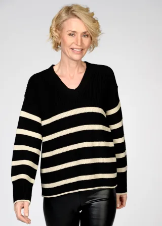 CLARINA - V-Pullover, 1/1 Arm, Ringel schwarz-sand - Gr. - 46
