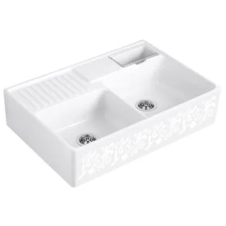 Villeroy und Boch Spülstein Doppelbecken 632392KT Ablaufgarnitur, Exzenterbetätigung, Resteschale, White Pearl