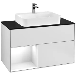Villeroy und Boch Finion Waschtischunterschrank F362GFMT 100cm, Abdeckplatte black matt, Regal links Glossy white lacquer, White matt lacquer