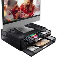 HEYHIPPO Organizer Monitorständer mit 2 Schubladen, ergonomischer Schreibtisch-Organizer (Schwarze Schreibtischbox 40x30x11 cm mit 2 praktischen Schubladen), Erhöhter Bildschirmständer aus Metall, Organizer für Büro & Zuhause