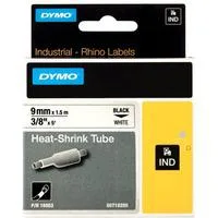 Rhino IND ORIGINAL Heißschrumpfschlauch 9mm x 1,5m, schwarz auf weiß, Etiketten- Schrumpfschlauch für Durchmesser 1,73-3,73 mm, 18053