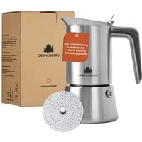 GRØNENBERG Espressokocher Edelstahl, Induktion geeignet, 4 o. 6 Tassen, 0.2l Kaffeekanne, Inkl. Ersatzdichtung & Reduziersieb, Espressokanne Aluminiumfrei & unbeschichtet