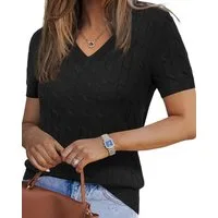 Arach&Cloz Kurzarmpullover Damen Pullover Wollmischung Kurzarm V Ausschnitt Basic-Pullover