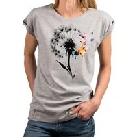 MAKAYA T-Shirt Damen-Top mit Pusteblumen-Print – florales Sommer-Shirt aus Baumwolle (Weiß, Rosa, Hellgrau, 34, 36, 38, 40, 42, 44, 46, 48, 50) Baumwolle