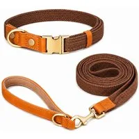 Illes-Laedchen Hunde-Halsband hochwertiges Hundehalsband & Hundeleine Set aus Nylon mit Leder, – Verstellbares Hunde Set in verschiedenen Größen & Farben