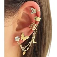 VEKROBOT Ohrstecker-Set 4er-Set Ohrclips Strass-Schmetterling Mond Ohne Piercing mit Kette (5-tlg), Modischer Ohrclip mit integrierter Kette