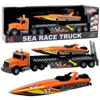 Wisam Spielzeug-Auto LKW mit Aufzieh-Motorboot, Lichter und Geräusche, Orange Set
