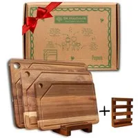 PEGSEN Schneidebrett Set Küchenbretter aus Holz mit Saftrille & Brettständer, Akazie, (Set, 4-St., 3 Schneidebretter mit Holzständer), inkl. Tablet - und Handyhalterung