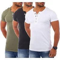 Young & Rich T-Shirt Herren basic fein gerippt mit trendigen extra großen Knöpfen 1872 mit Knopfleiste unifarben kurzarm slim fit