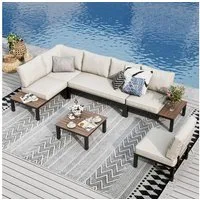 PHI VILLA Gartenlounge-Set, (Gartenmöbel Balkonmöbel mit Verstärkten Kissen und Kaffeetisch), Metall Lounge Möbel Outdoor Gartenlounge, Beige