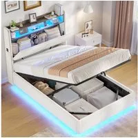 MSMASK Polsterbett mit LED-Beleuchtung und integrierter Ladestation, Stauraum-Kopfteil (Ohne Matratze), Jugendbett mit hydraulischem Stauraum, 90 x 200cm