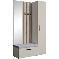 Beautysofa Garderoben-Set MARGARET Flurgarderobe mit Spiegel, (Kleiderschrank, Schuhschrank, Sitzbank, Kleiderstange, Flurmöbel-Set mit Lamellen), verschiedene Farben und Breiten