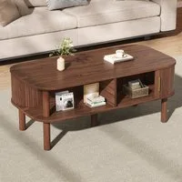 REDOM Couchtisch Skandinavischer Tisch mit geriffelter Schiebetür & Holzbeinen (Packung, 1-St., Walnuss, 110×55×45 cm, MDF, für Wohnzimmer), abgerundete Kanten, natürliche Optik
