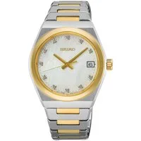 Seiko Quarzuhr SUR604P1, Armbanduhr, Damenuhr, Edelstahlarmband, Perlmutt, Tag, Diamant