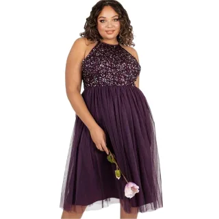 Maya Deluxe - "De Bardot" Midikleid für Damen, Schulterfrei (Beerenrot)