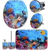 Sanilo Badaccessoire-Set 6-teilig Ocean, WC-Sitz mit Absenkautomatik, Badteppich 70 x 110 cm, Waschbeckenstöpsel, Badewannenstöpsel, Seifenspender, WC-Bürste, 6 tlg., hochwertig & modern, universell, leichte Montage