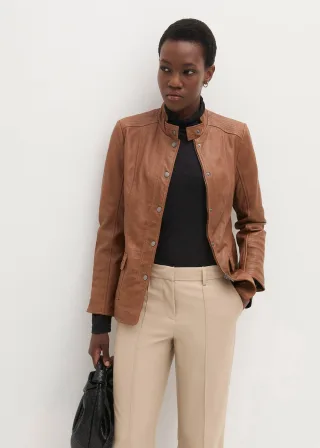 bonprix Lederjacke aus Lammnappa, braun, Gr.46, Klassische Lederjacke mit Stehkragen und aufwändigen Details, aus Nappaleder