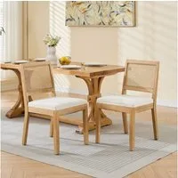 BBWL Esszimmerstuhl 2er Set Rattan Leinen Polsterstuhl Massivholz Mid Century Küchenstuhl, Esszimmerstühle Beige Farmhouse Design