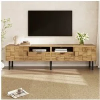 BlingBin Lowboard TV-Schrank Fernsehschrank TV-Ständer (1 St., 2 Türen, 2 Schubladen, 2 offene Fächer, Kabeldurchlass, Metallfüßen), 160 L x 35 B x 42,5H(cm), Natur