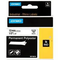 Rhino IND ORIGINAL Schriftband Polyester 12mm x 5,5m, schwarz auf weiß permanent klebend, 18483