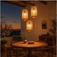 Nettlife Pendelleuchte Rattan 3 flammig Höhenverstellbar Boho E27 Hängeleuchte, Langballon-Flecht, Ohne Leuchtmittel, für Schlafzimmer Wohnzimmer/Ohne Leuchtmittel