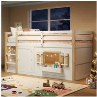 Odikalo Kinderbett 90x200 Etagenbett mit Stauraum (90 x 200 cm), Hochbett, multifunktionales Kinderbett mit Treppenschrank, umbaubarer Spielraum darunter, ohne Matratze, Weiß)