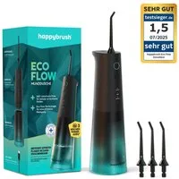 happybrush Munddusche Eco Flow Set - 100 Tage Probeputzen - bis 3 Wochen Power Akku, Aufsätze: 2 St., 240ml Wassertank, hochwertigen TripleBorsten