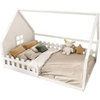 Flieks Massivholzbett, Kinderbett Hausbett Doppelbett 140x200cm mit Lattenrost und Zaun