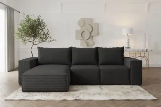 Ecksofa Sofa mit Schlaffunktion ESTELLE in Stoff Poso Schwarz Ottomane Links