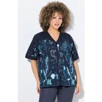 Ulla Popken Druckbluse Bluse Stickerei Oversized V-Ausschnitt Halbarm