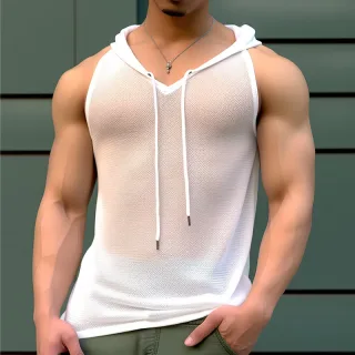 NCERUN Mens Tank Top Mesh Hooded See-Through Comfort Breathable Tanks