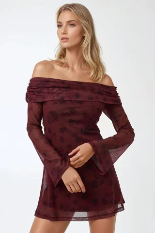 Schulterfreies Bodycon-Minikleid mit Blumenmuster