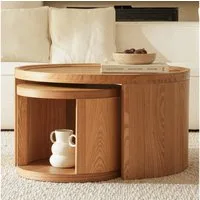 Cagnolier Couchtisch Rund 2er Set aus Holz, Moderner Wohnzimmertisch Ø80+Ø46 cm (2-St), Runder Sofatisch mit Stauraum, Kaffeetisch & Beistelltisch in Natur