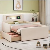Flieks Polsterbett, Kinderbett 90x200cm mit Schublade, Nachtlicht und USB-Ladeanschluss