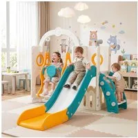 TLGREEN Rutsche 5-in-1 Kinderrutsche, Gartenrutsche Breite Stufen und Griffe, (Indoor und Outdoor Freistehende Rutsche), Kinderrutsche mit Schaukel, Klettergerüst, Spielplatz für Kleinkinder