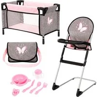 Bayer Puppenbett Puppen-Reisebett-Set (Set, 9tlg), inklusive Hochstuhl, Tasche, Teller, Trinkbecher, Besteck u. Schnuller