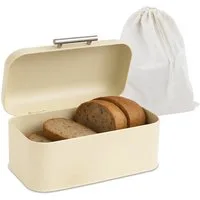relaxdays Brotkasten mit Deckel und Brotbeutel, Eisen, Beige