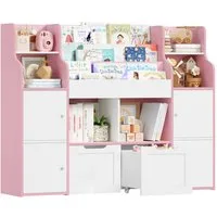 Homfa Kinderregal Spielzeugtruhe mit 2 Schubladen auf Rollen Bücherregal, Kinderbücherregal Spiegelregal mit Tür 126x104x30 cm weiß