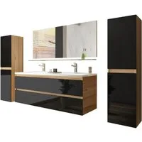 Homeline Badmöbel-Set Kaiser badmöbel, Set Eiche/Schwarz Doppel Waschbecken, Doppeltisch, (Set Angebot, 6-St., Besteht aus Teile), Hochglanz MDR, falls Doppel Waschbecken
