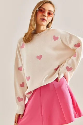 Herz-Muster Rundhals Strickpullover