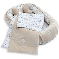 Loolay Kuschelnest BABYNEST + DECKE + Kissen Babyausstattung Baumwolle & Samt Velours, (MUSTER: BEIGE Samt Velour/ HASE EULE, 3-tlg., Liebevoll handgefertigt Nestchen! Geborgenheit Komfort für Neugeborene), Premium Ausstattung - 100% Europäische Stof