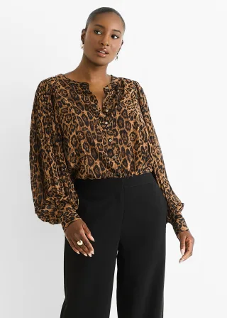 Braune Chiffon-Bluse im Animal-Print mit Falten und geradem Schnitt