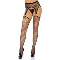Leg Avenue Strapsstrümpfe Netz-Strümpfe mit Strumpfhalter - schwarz mit offenem Schritt